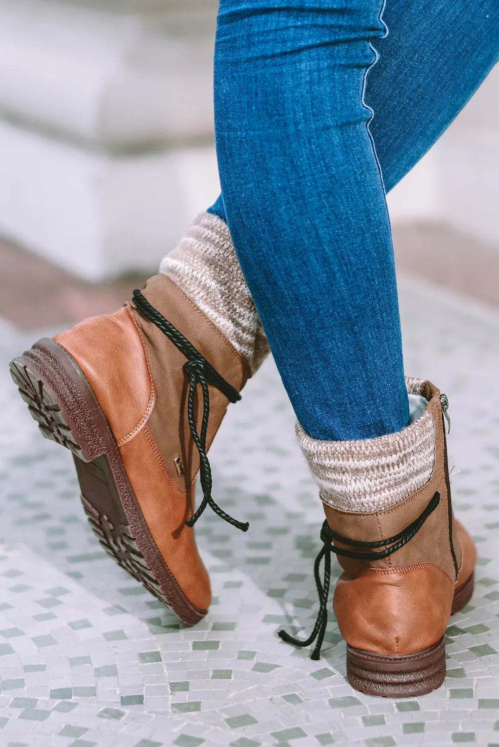 Women's PU Leather Knitted Patchwork Ankle Boots
