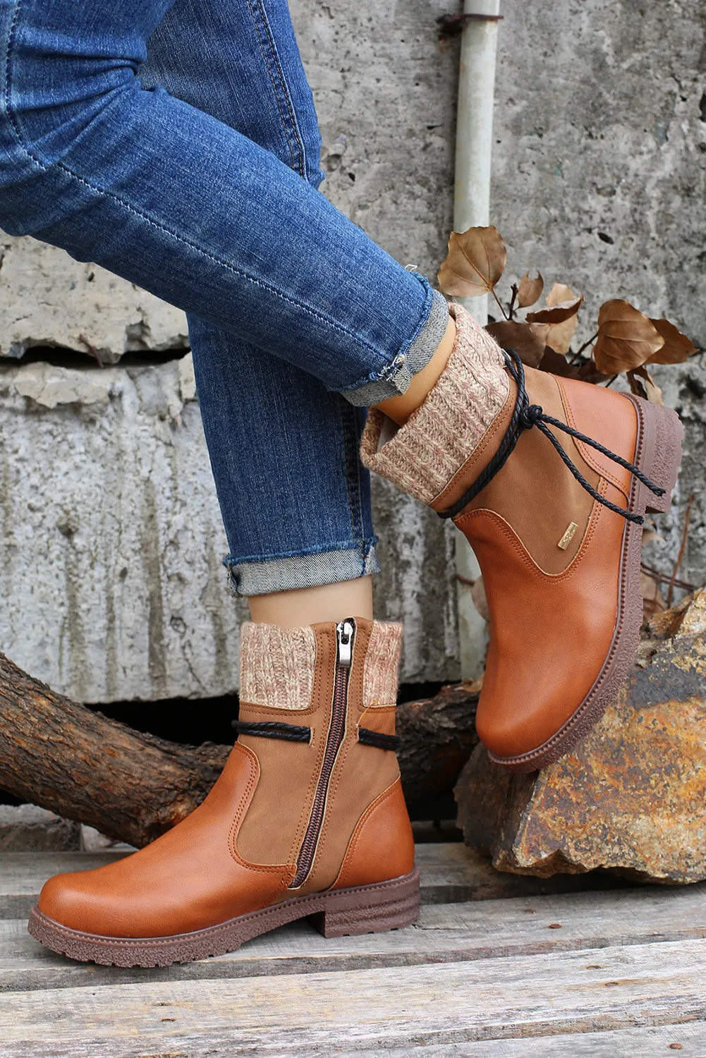 Women's PU Leather Knitted Patchwork Ankle Boots