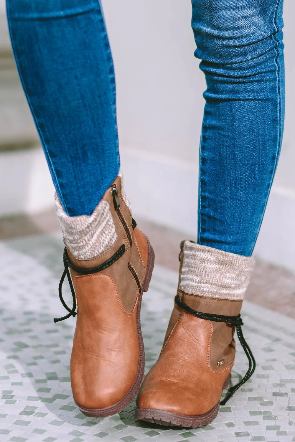 Women's PU Leather Knitted Patchwork Ankle Boots