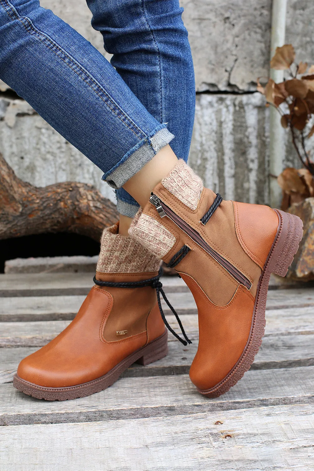 Women's PU Leather Knitted Patchwork Ankle Boots