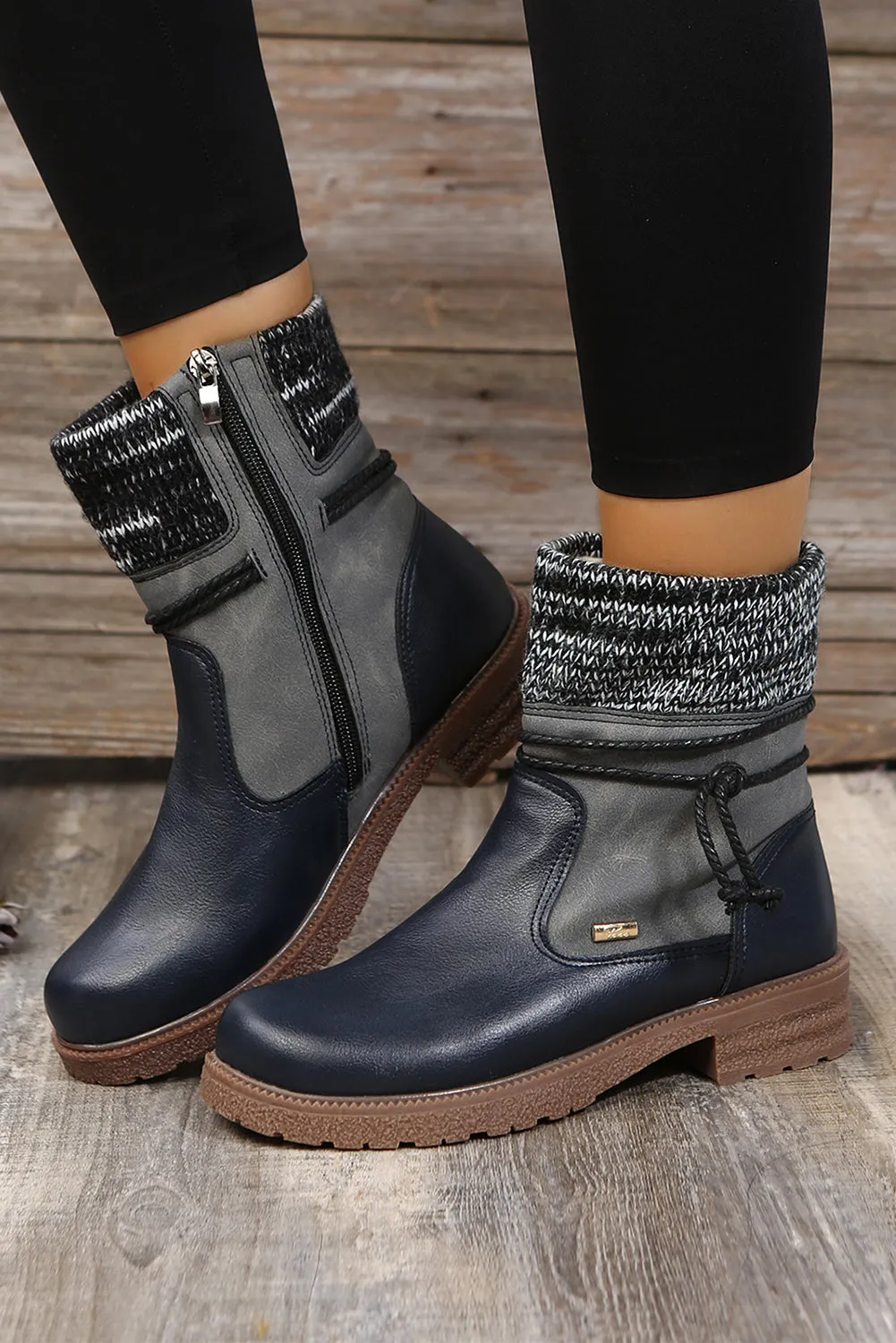 Women's PU Leather Knitted Patchwork Ankle Boots