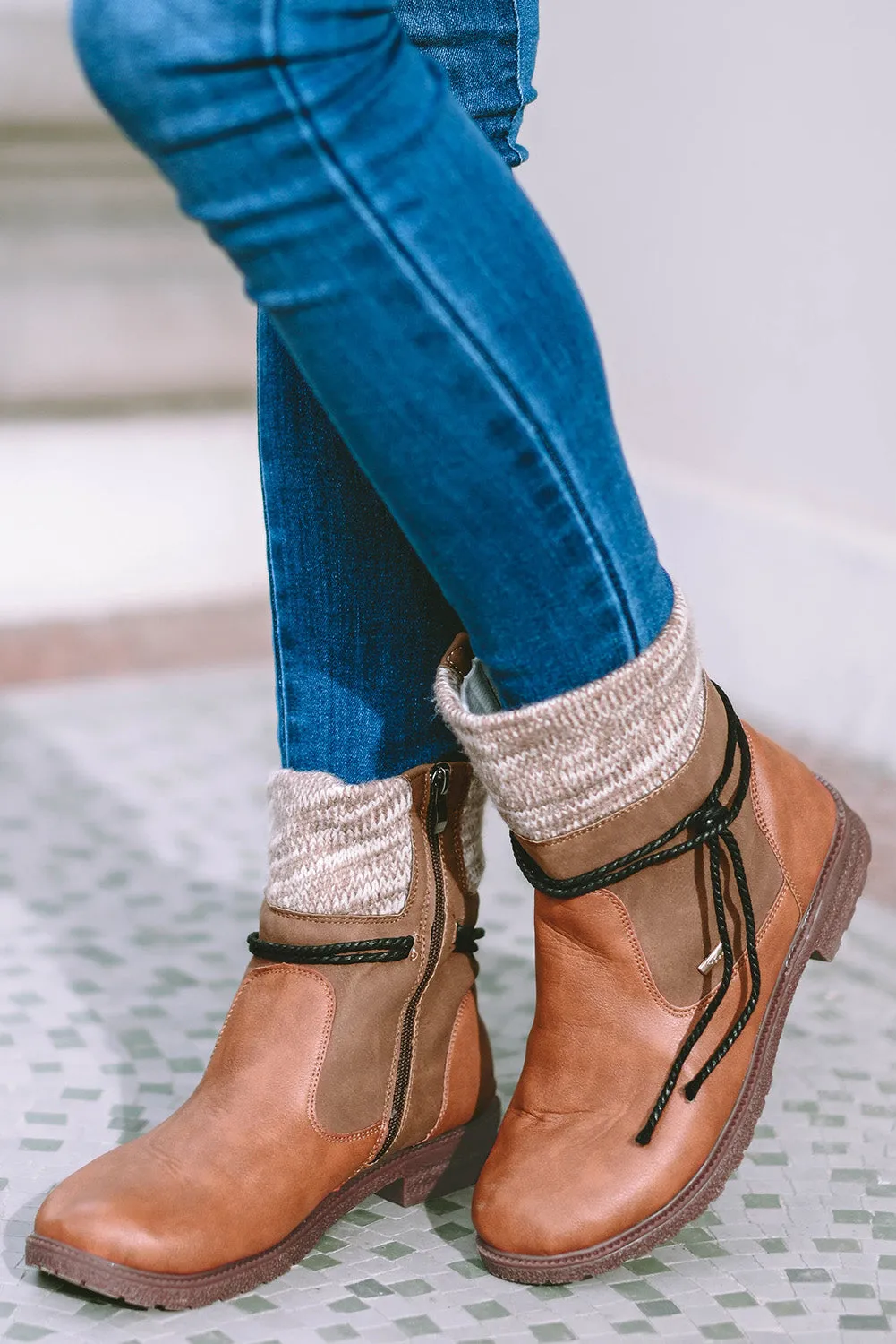 Women's PU Leather Knitted Patchwork Ankle Boots