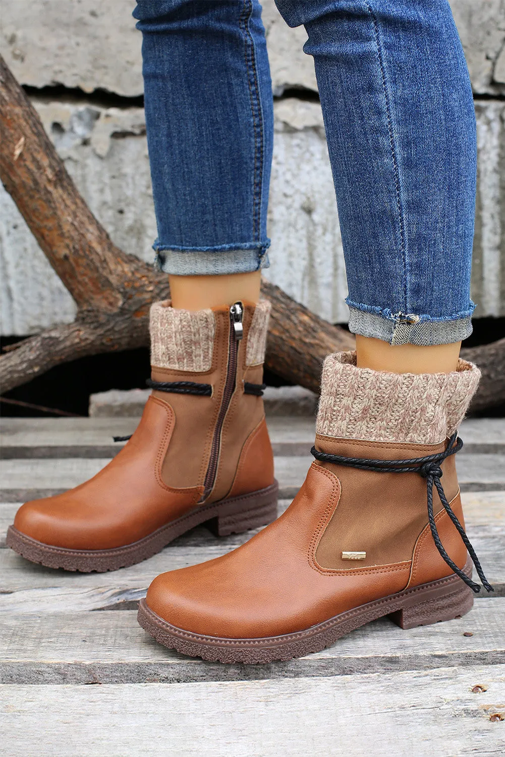 Women's PU Leather Knitted Patchwork Ankle Boots