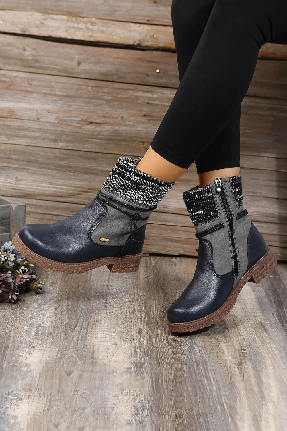 Women's PU Leather Knitted Patchwork Ankle Boots