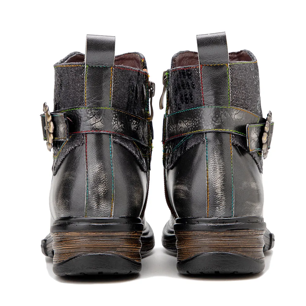 Zalor Bohemian vintage hand-zipped thick heel leather boots