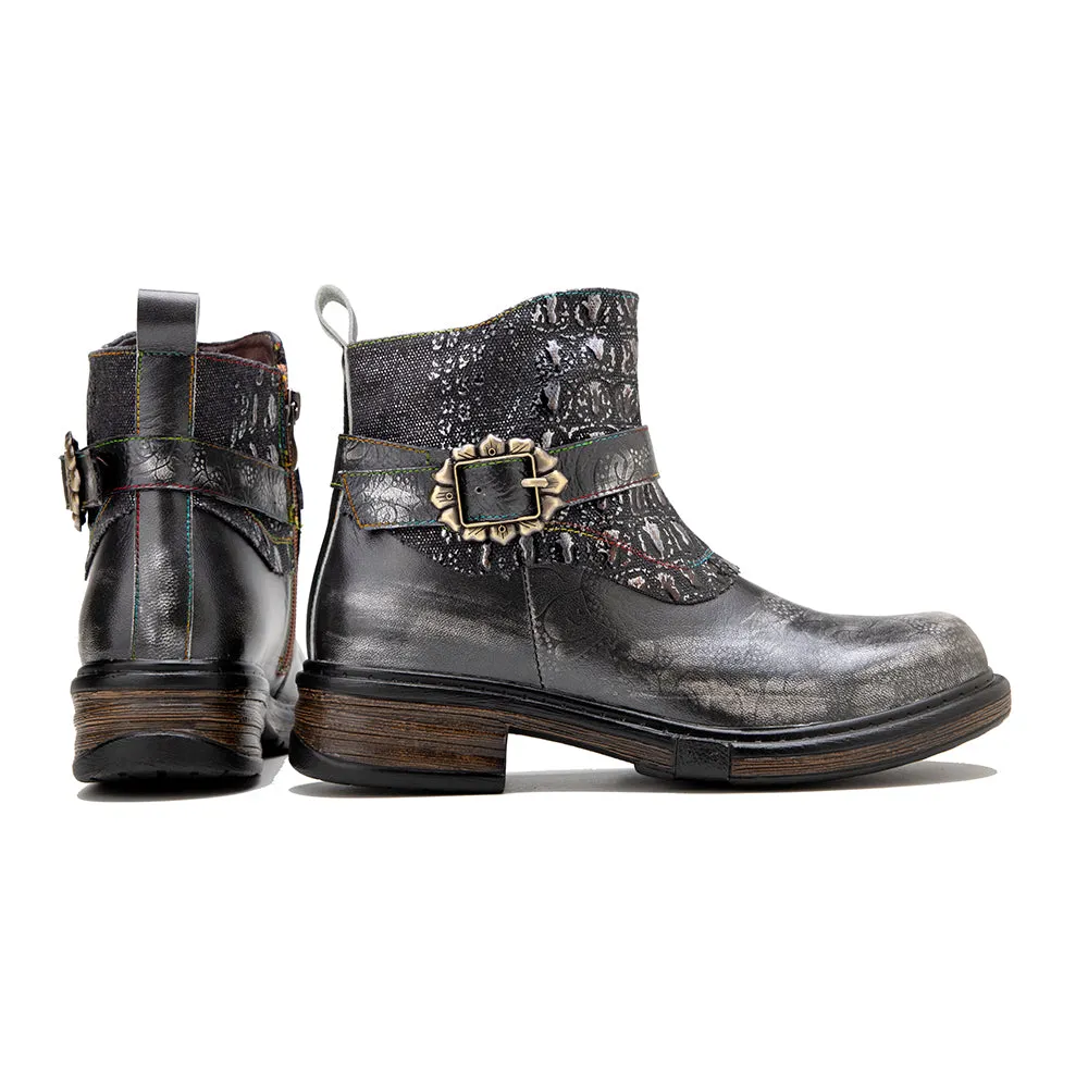 Zalor Bohemian vintage hand-zipped thick heel leather boots