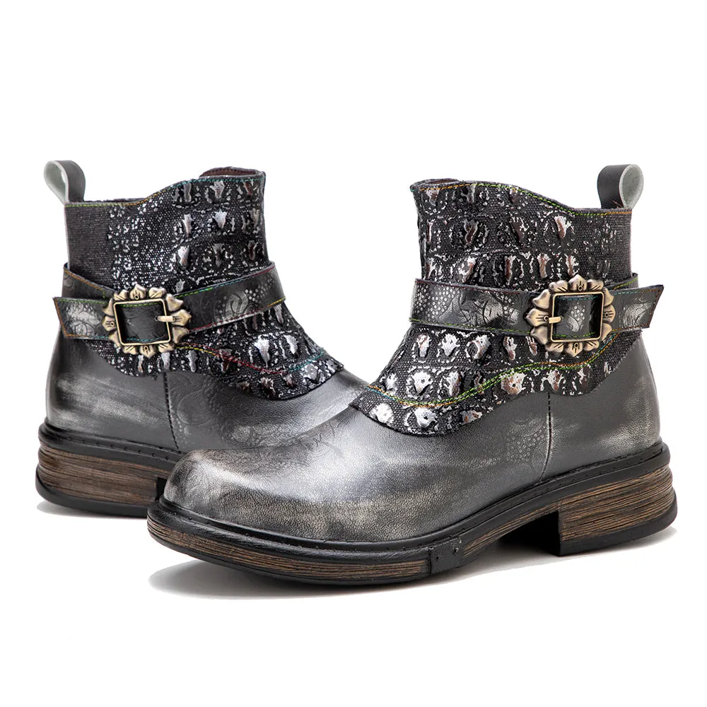 Zalor Bohemian vintage hand-zipped thick heel leather boots