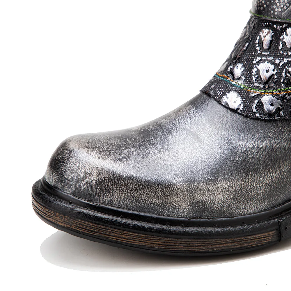 Zalor Bohemian vintage hand-zipped thick heel leather boots