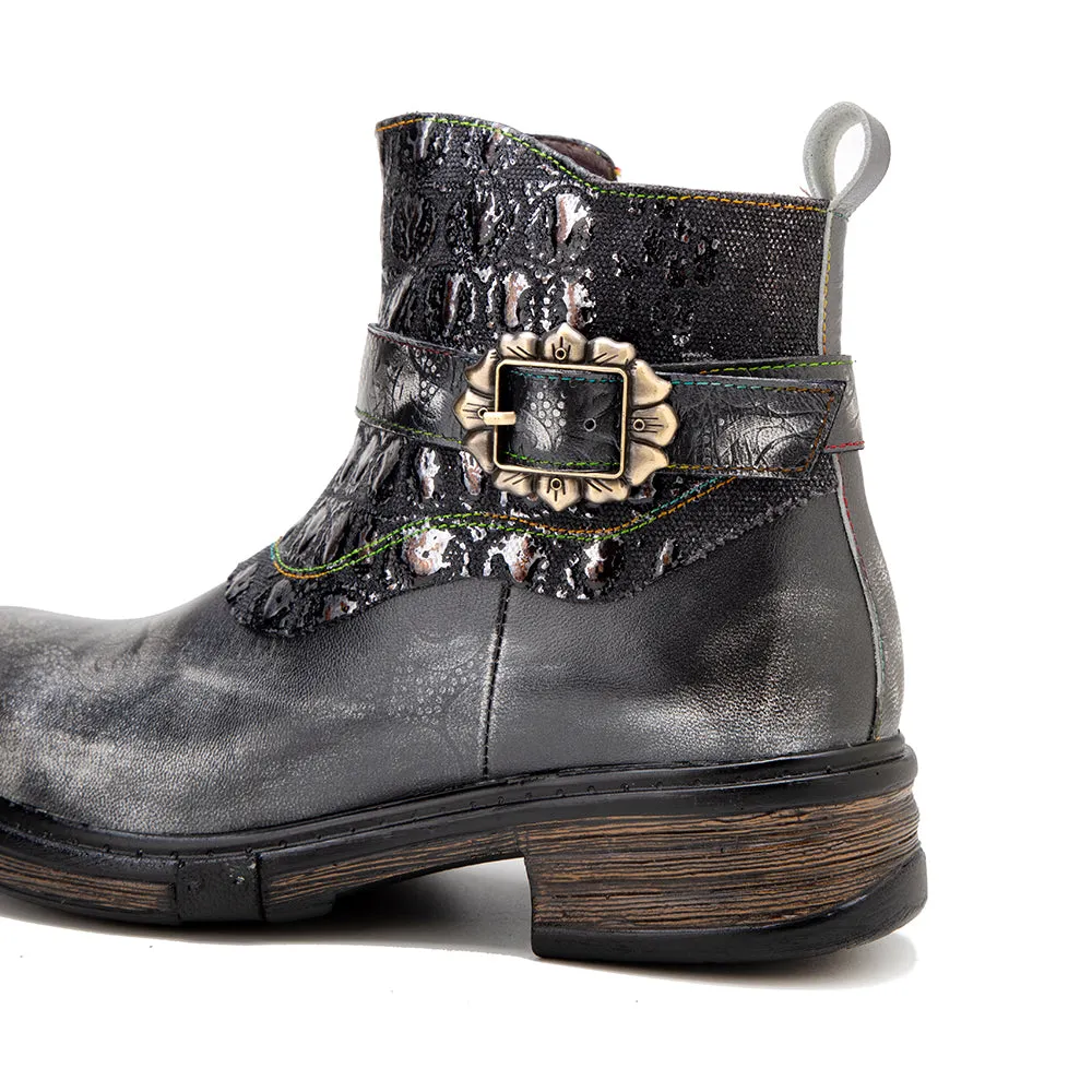 Zalor Bohemian vintage hand-zipped thick heel leather boots