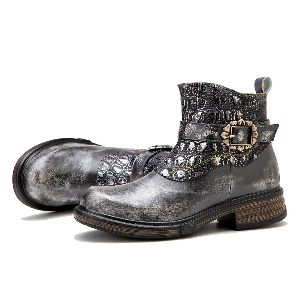 Zalor Bohemian vintage hand-zipped thick heel leather boots
