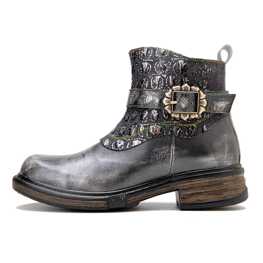 Zalor Bohemian vintage hand-zipped thick heel leather boots