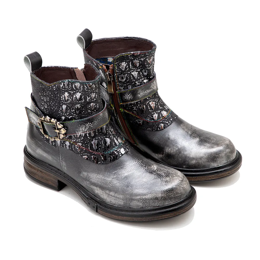 Zalor Bohemian vintage hand-zipped thick heel leather boots