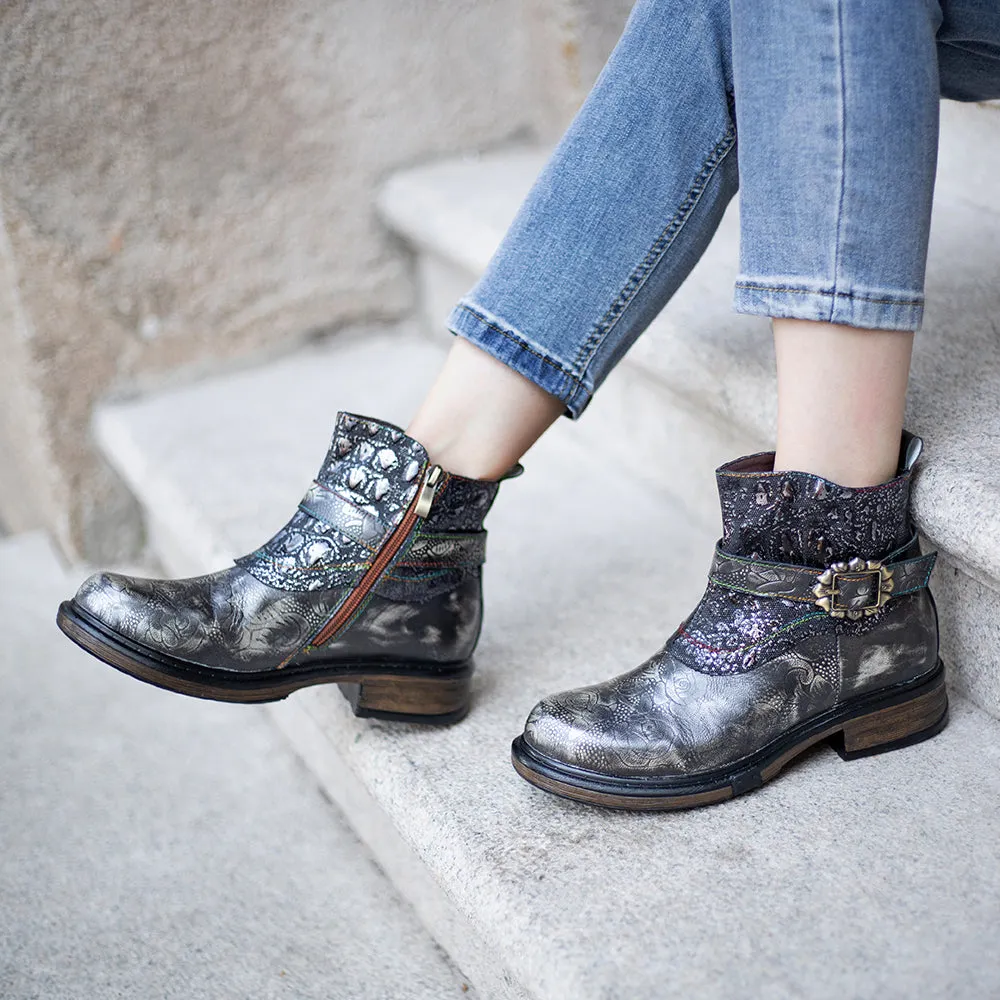 Zalor Bohemian vintage hand-zipped thick heel leather boots