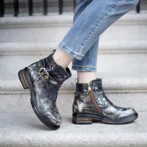 Zalor Bohemian vintage hand-zipped thick heel leather boots