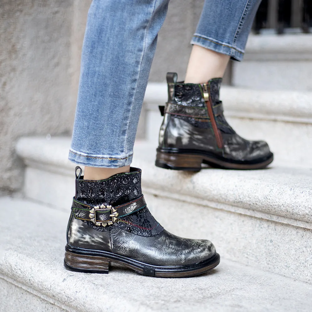 Zalor Bohemian vintage hand-zipped thick heel leather boots