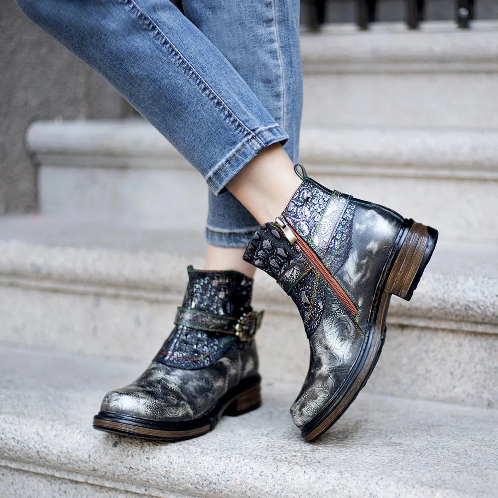 Zalor Bohemian vintage hand-zipped thick heel leather boots