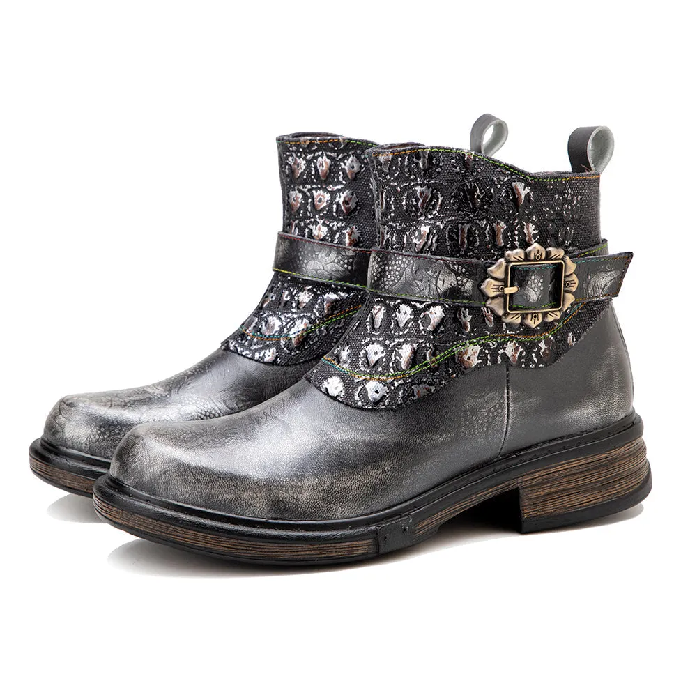 Zalor Bohemian vintage hand-zipped thick heel leather boots