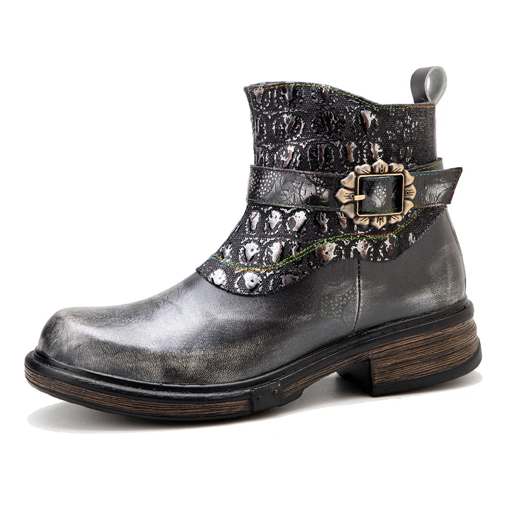 Zalor Bohemian vintage hand-zipped thick heel leather boots